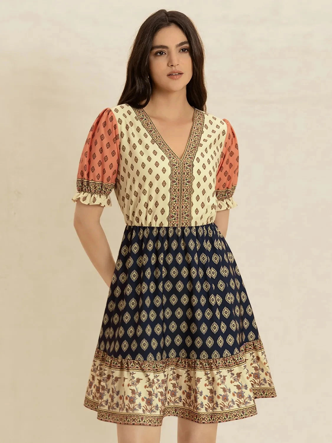 Printed V-Neck Short Sleeve Dress