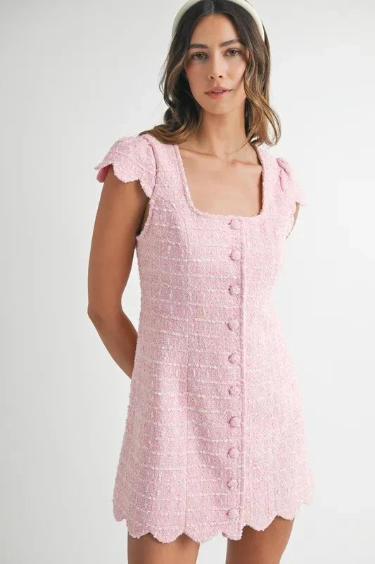 MABLE Tweed Scallop Hem Line Mini Dress
