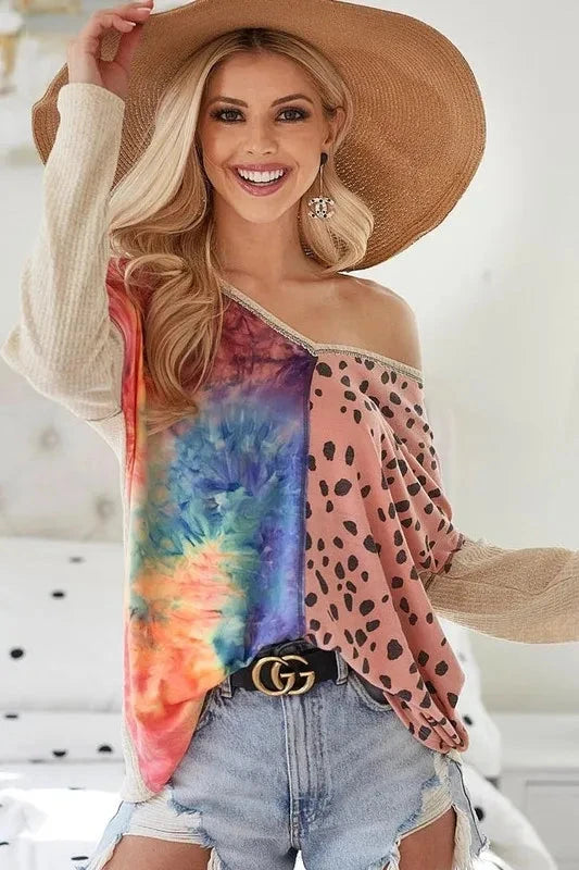 BiBi Print Block V Neck Top with Contrast Stitching