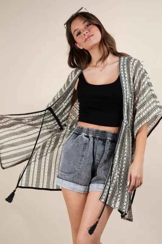 VERY J Full Size Striped Poncho Boho Cardigan Plus Size