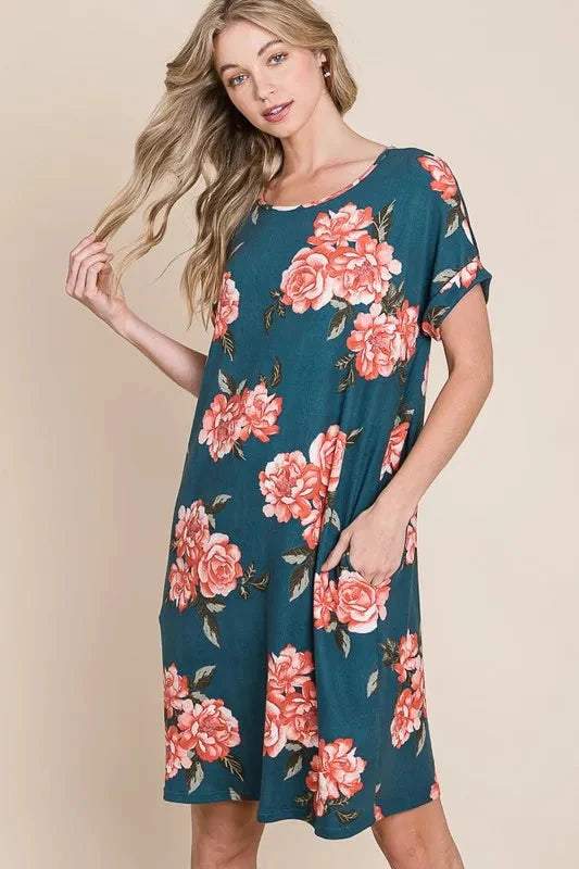 BOMBOM Floral Round Neck Short Tee Dress with Pockets