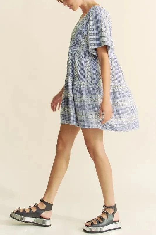 Davi & Dani Embroidered Stripe Ruffled Gingham Mini Dress