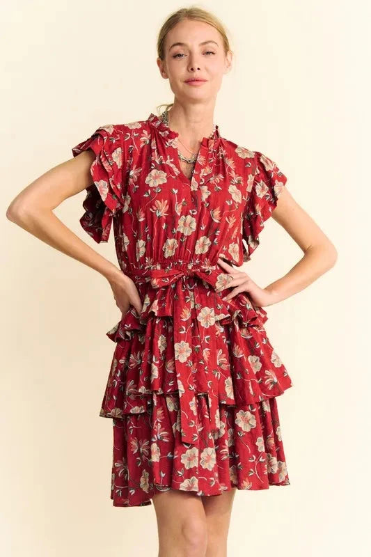 Davi & Dani Ruffle Flutter Sleeve Tie Belt Tiered Mini Dress
