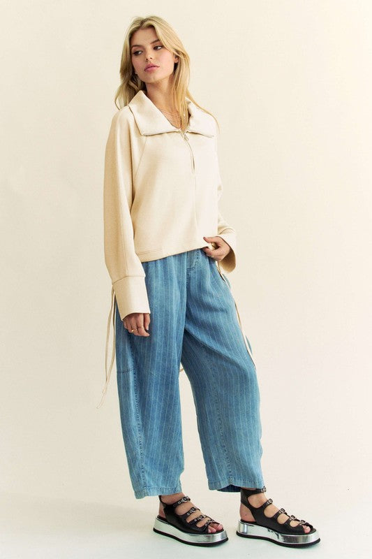 Davi & Dani Drawstring Hem Half Zip Raglan Sleeve Sweatshirt - Laazaar