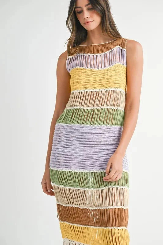 MABLE Multi Color Fringed Crochet Knit Dress